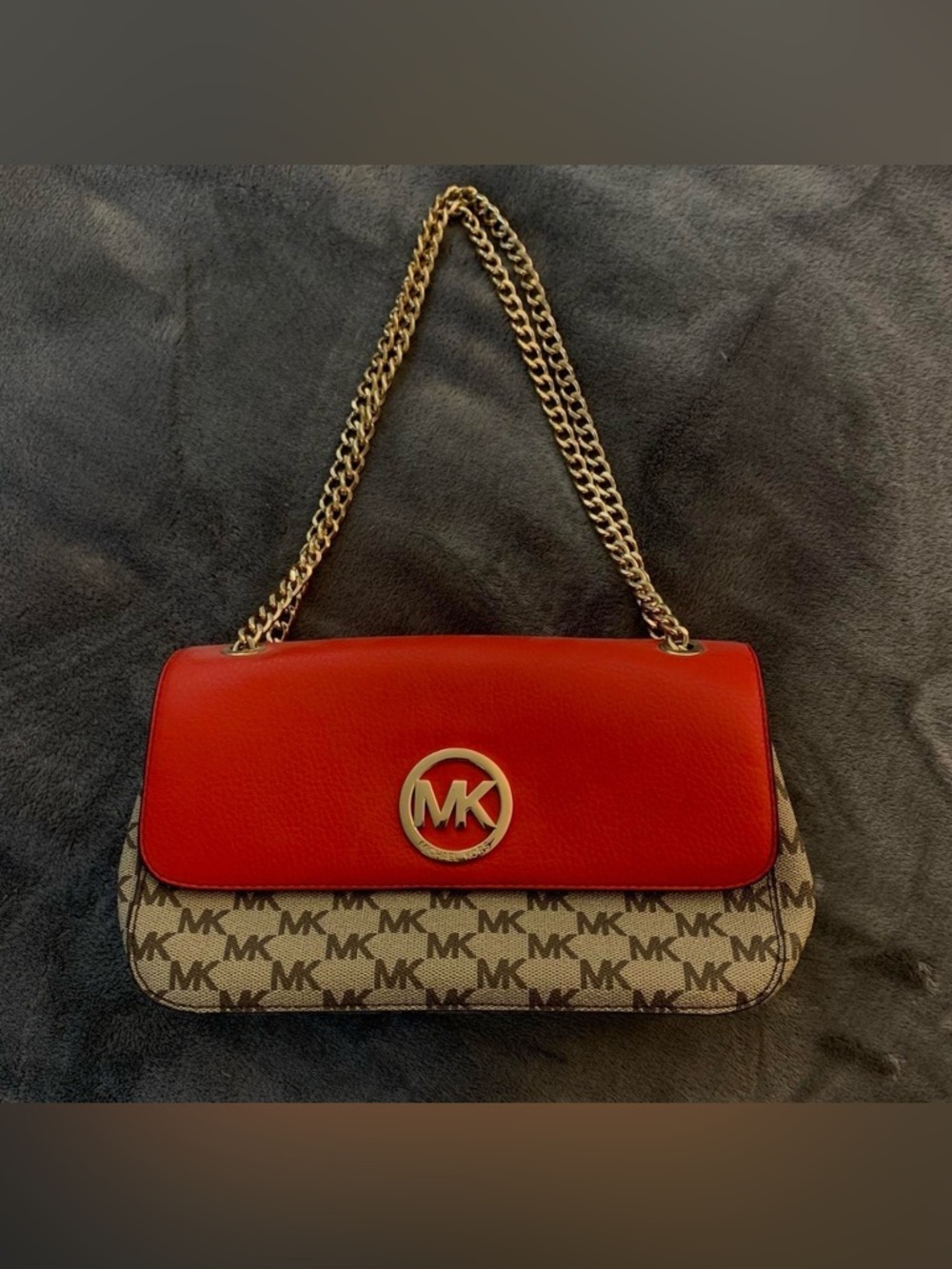 Michael Kors Red Leather Flap MK Logo Chain Shoulder Bag